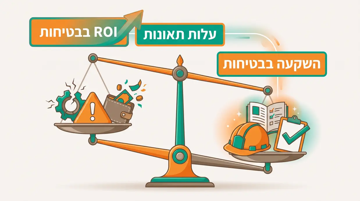 אינפוגרפיקה עם מאזניים בעברית המאזנים בין השקעה בבטיחות לעלות תאונות עבודה והחזר השקעה