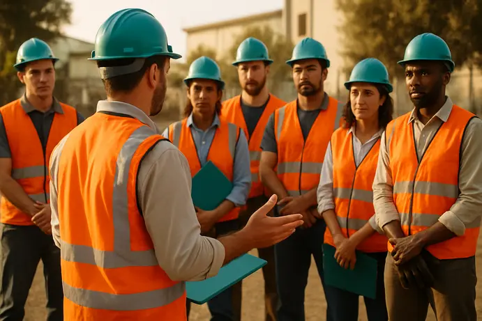 קבוצת עובדים בהדרכת בטיחות בשטח מקשיבה לממונה בטיחות