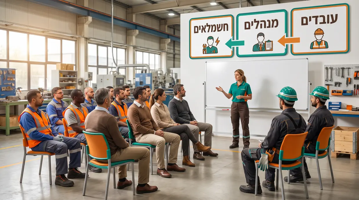 קבוצת עובדים ומנהלים במפעל מקבלים תדרוך בטיחות בחשמל מממונה בטיחות