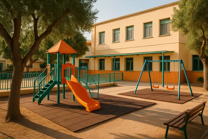 חצר בית ספר עם מתקני משחק ומבנה סמוך, משדרת צורך בבדיקות בטיחות הנדסיות