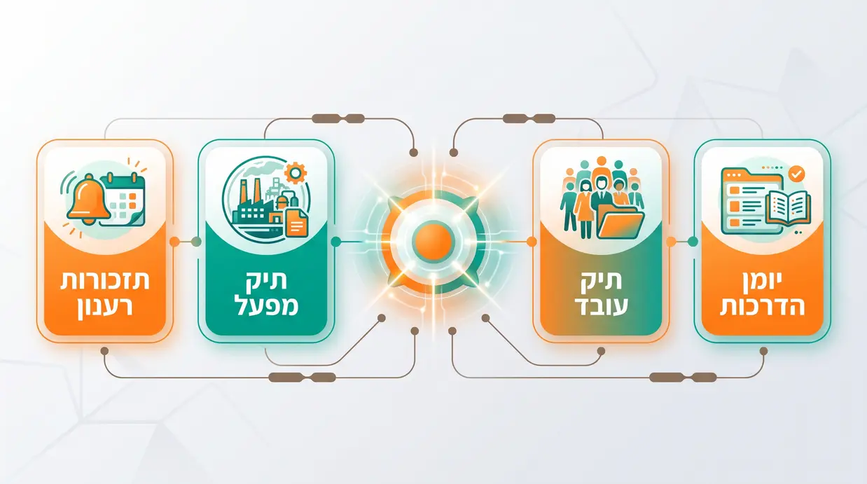 אינפוגרפיקה בעברית המציגה יומן הדרכות, תיק עובד, תיק מפעל ותזכורות לרענון בטיחות