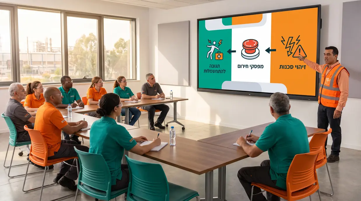 הדרכת בטיחות בחשמל לעובדי מפעל עם שקופית על סכנות החשמל