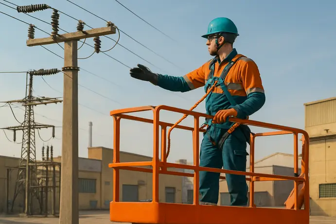 עובד על במת הרמה בקרבת תשתיות חשמל עם רתמת בטיחות מלאה ושמירה על מרחקי בטיחות