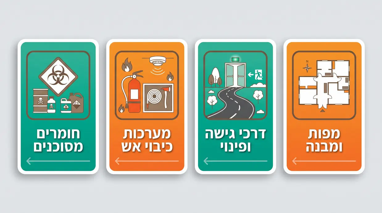 אינפוגרפיקה בעברית המציגה צ'ק-ליסט רכיבים מרכזיים בתיק שטח לעסק