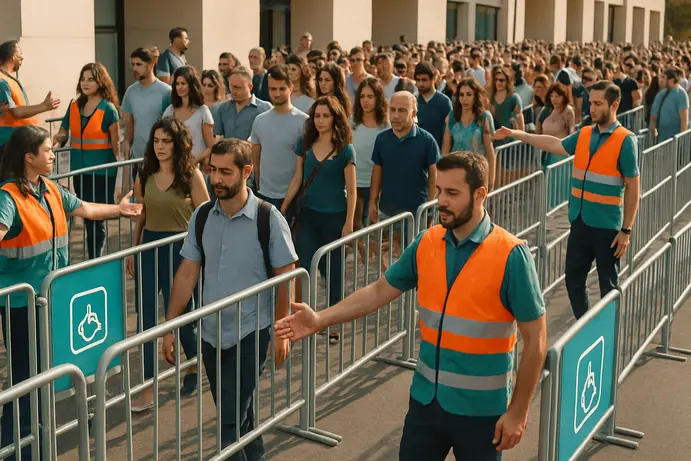 קהל רב עובר דרך מחסומי לחץ מסודרים עם סדרנים המכוונים את הזרימה