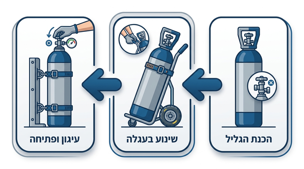 אינפוגרפיקה בעברית המציגה שלבים לשינוע בטוח של גליל גז בעזרת עגלה ייעודית