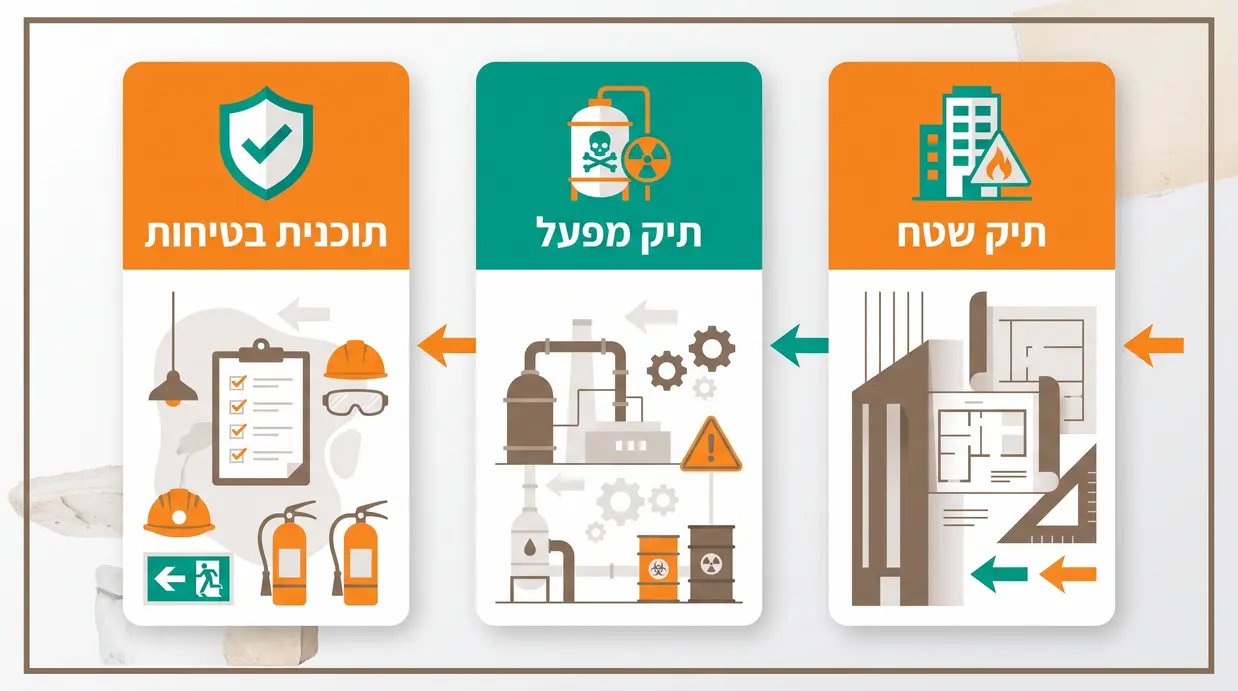 אינפוגרפיקה בעברית המשווה בין תיק שטח, תיק מפעל ותוכנית בטיחות