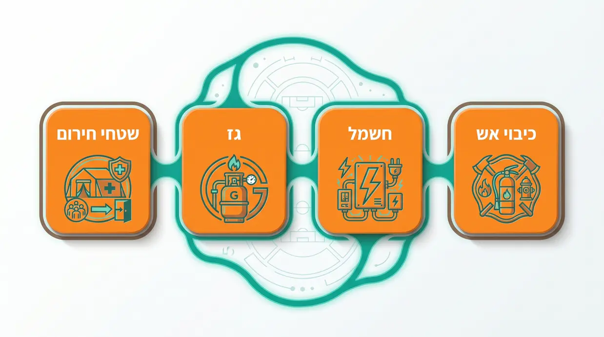 אינפוגרפיקה בעברית המציגה תחומי סיכון מרכזיים באירוע: כיבוי אש, חשמל, גז ושטחי חירום