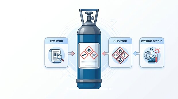 תרשים בעברית של גליל גז עם הדגשה של תווית GHS וסמלי אזהרה