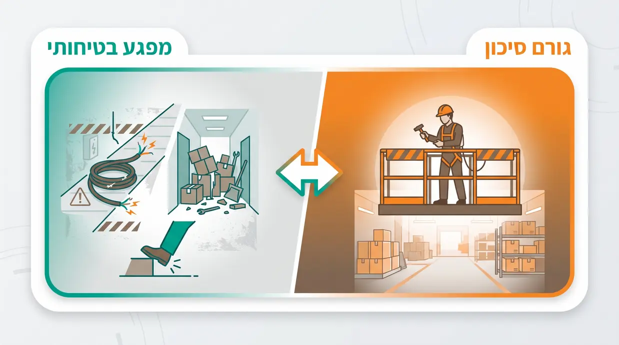 אינפוגרפיקה בעברית המשווה בין גורם סיכון לבין מפגע בטיחותי עם אייקונים מסבירים