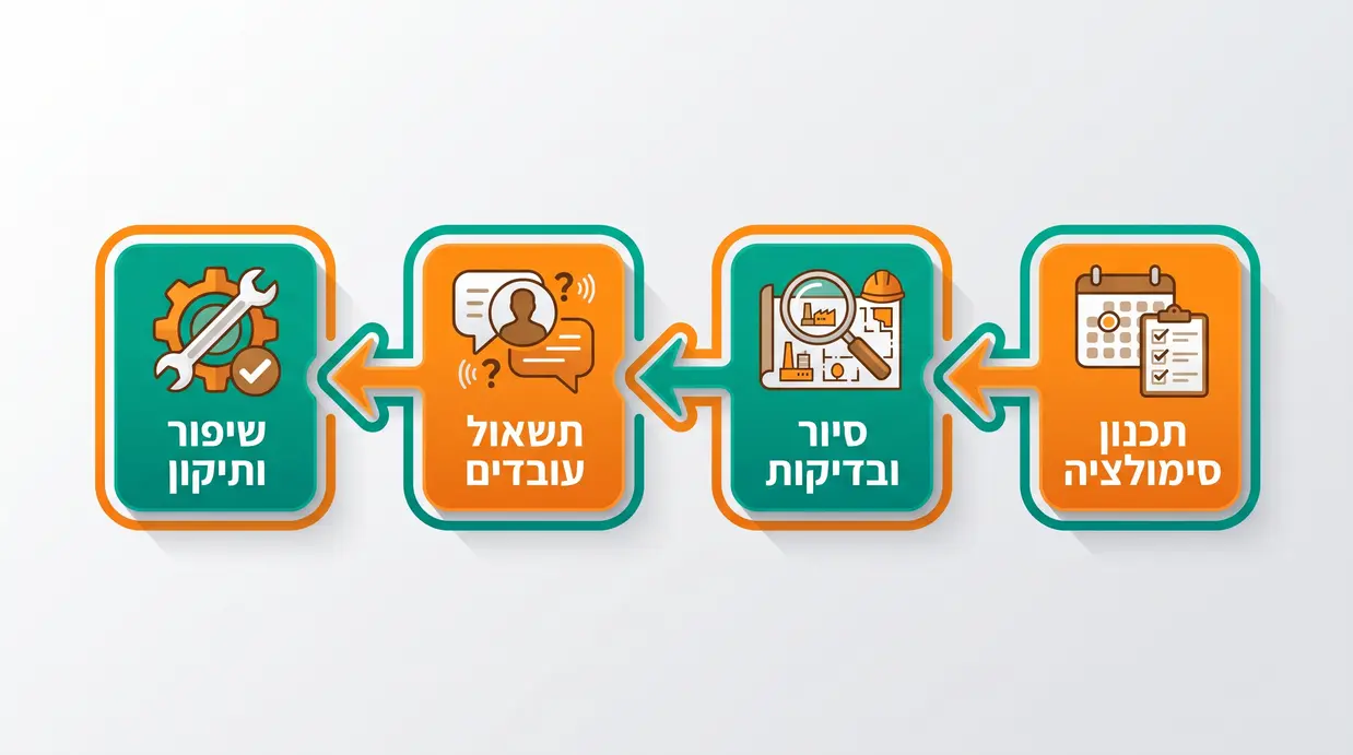 אינפוגרפיקה בעברית המתארת תהליך סימולציית ביקורת בטיחות פנימית בשלבים ברורים