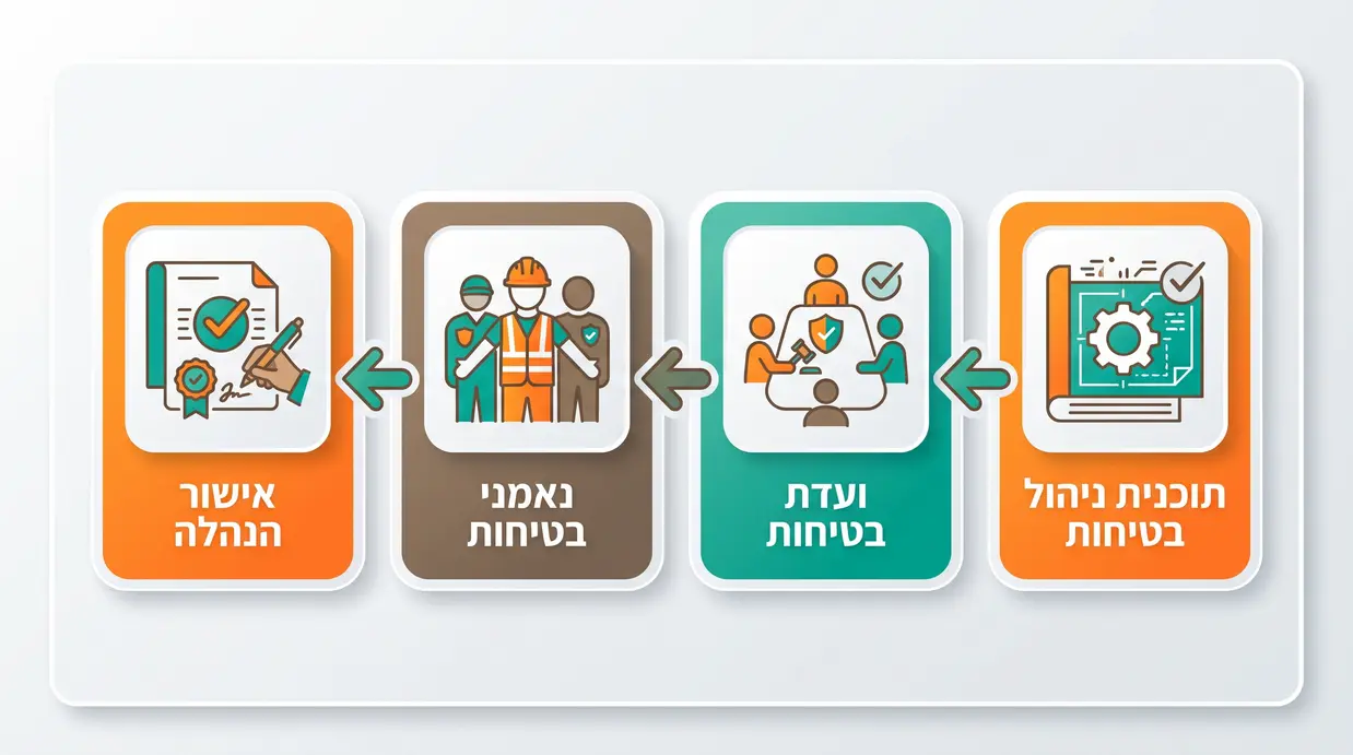 אינפוגרפיקה בעברית של מסגרת רגולטורית לניהול בטיחות עם צ׳ק ליסט מסמכים וגורמי אחריות