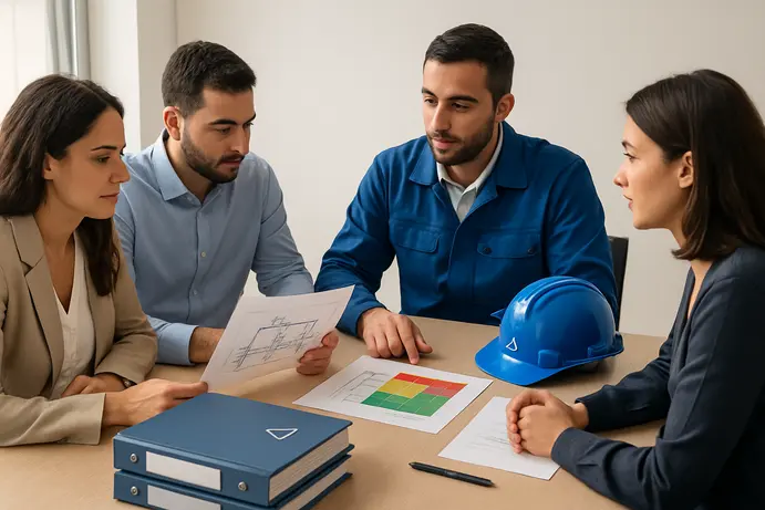 צוות הנהלה וממונה בטיחות ישראלים סביב שולחן דנים בתוכנית בטיחות גזים
