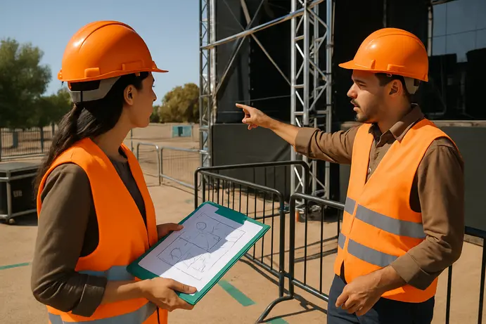 יועץ בטיחות ומהנדס בוחנים קונסטרוקציה של במה באירוע המוני לפני הגעת הקהל
