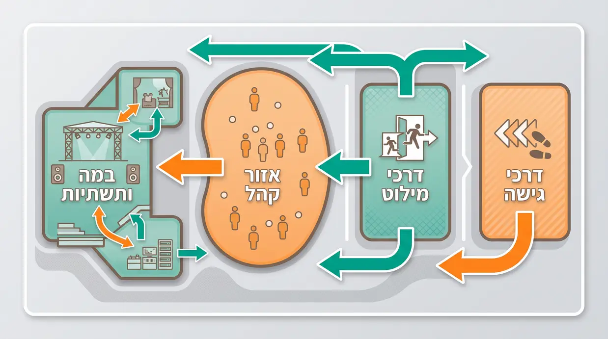 תרשים אתר אירוע המוני עם סימון דרכי גישה, דרכי מילוט, אזור קהל ובמה