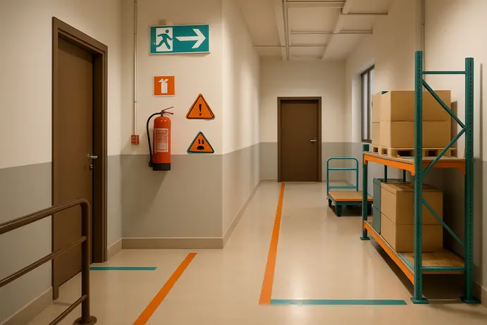 מסדרון עבודה נקי ומסודר עם שילוט יציאת חירום ברור ומטפה אש נגישים
