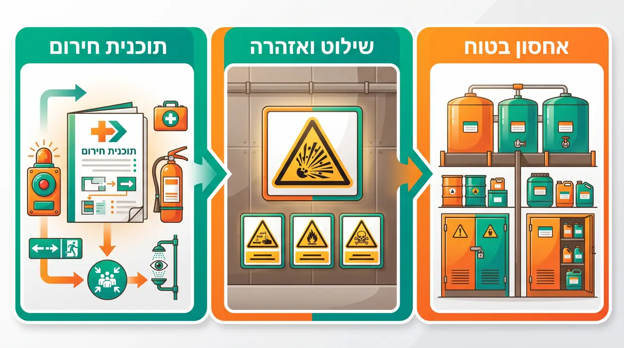 אינפוגרפיקה בעברית המציגה אחסון בטוח, שילוט אזהרה ותוכנית חירום לחומרים מסוכנים