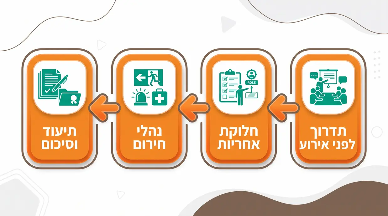 אינפוגרפיקה בעברית המתארת תהליך תדרוך בטיחות לצוותי אירוע מרגע התדרוך ועד התיעוד